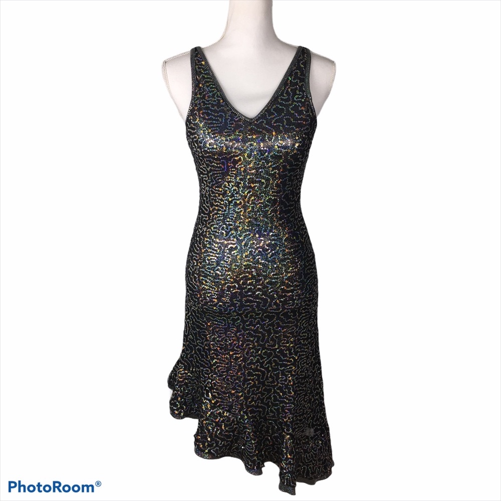 Black Iridescent Sequin V-Neck Evening Dress